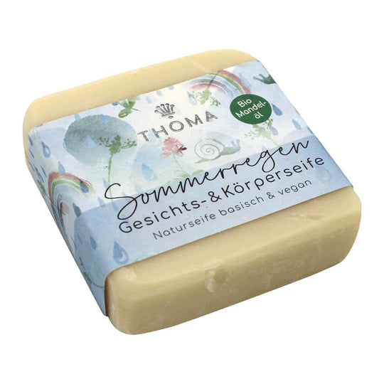 Mandelölseife mit Kokosmilch Sommerregen – vegan, THOMA Naturseifen-Manufaktur, frisch, angenehm & klar, 100 g, Körperpflege