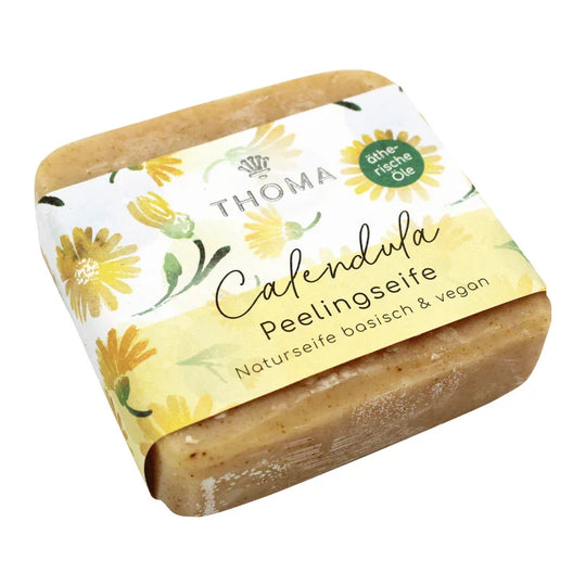 Kräuterschrubbelseife Calendula – vegan, THOMA Naturseifen-Manufaktur, mit hochwertigen Inhaltsstoffen, 100 g, Körperpflege
