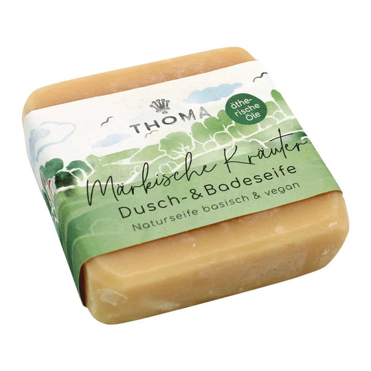 Märkische Kräuterseife – vegan, THOMA Naturseifen-Manufaktur, mit wertvollen Kräutern, Sheabutter & kaltgepresstem Bio-Jojobaöl, 100 g, Körperpflege