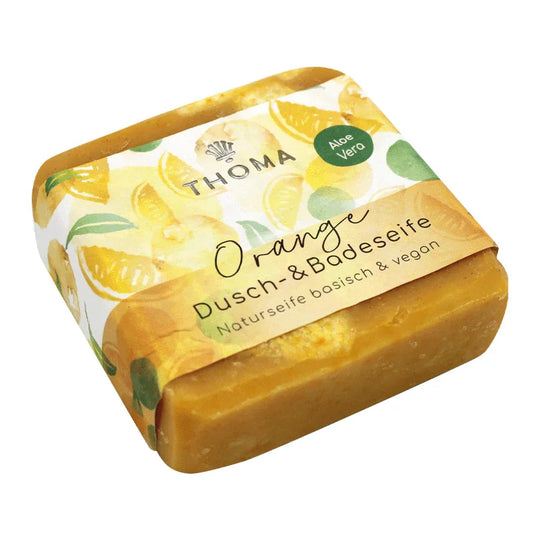 Orangenseife mit Aloe Vera – vegan, THOMA Naturseifen-Manufaktur, für ein frisches & gepflegtes Hautgefühl, 100 g, Körperpflege