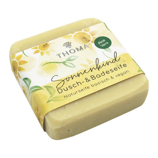 Aloe-Luxusseife, Sonnenkind, THOMA Naturseifen-Manufaktur, wohltuend & pflegend, vegan, 100 g, Körperpflege