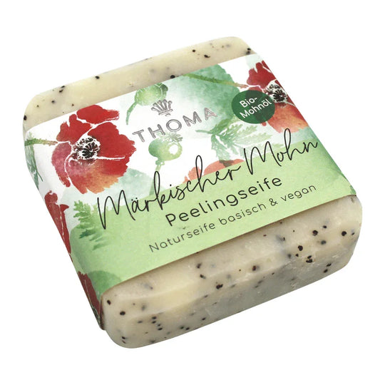 Märkische Mohnölseife mit Kakaobutter – vegan, THOMA Naturseifen-Manufaktur, mit Peeling-Effekt, 100 g, Körperpflege