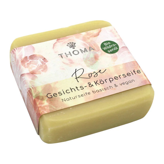 Luxus-Rosenseife mit Wildrosenöl – vegan, THOMA Naturseifen-Manufaktur, für trockene, feuchtigkeitsarme Haut, 100 g, Körperpflege