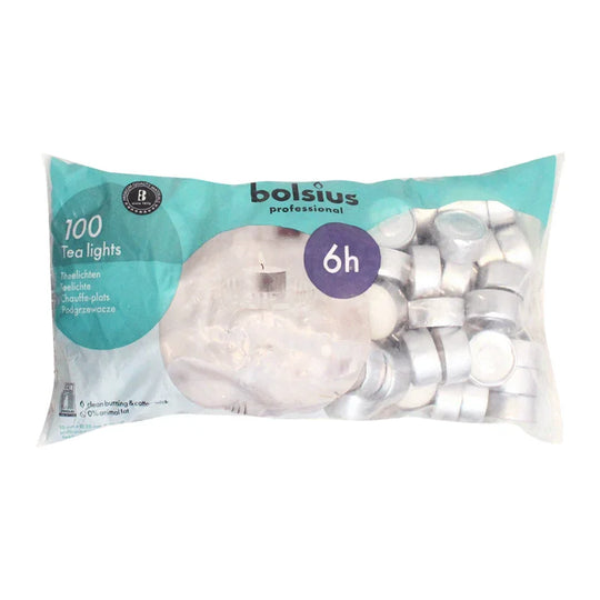 Teelichter in Aluminiumhülle, weiß, BOLSIUS, 18/38 mm, Brenndauer ca. 6h, Beutel mit 100 Stück