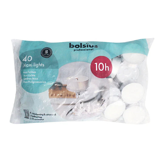 Maxilichter, weiß, BOLSIUS, 22/57 mm, Brenndauer ca. 10h, mit Aluminiumhülle, Beutel mit 40 Stück, Teelichter