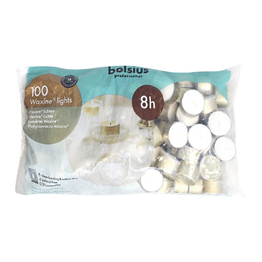 Teelichter in Aluminiumhülle, Waxine-Lichte, weiß, BOLSIUS, 23/39 mm, Brenndauer ca. 8h, Beutel mit 100 Stück