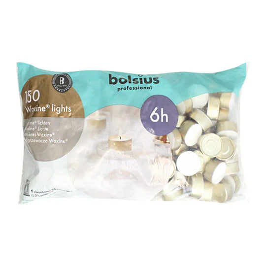 Teelichter in Aluminiumhülle, Waxine-Lichte, weiß, BOLSIUS, 18/38 mm, Brenndauer ca. 6h, Beutel mit 150 Stück