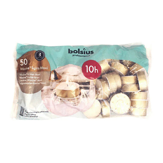 Maxilichter, Waxine-Lichte, weiß, BOLSIUS, 22/57 mm, Brenndauer ca. 10h, mit Aluminiumhülle, Beutel mit 50 Stück, Teelichter