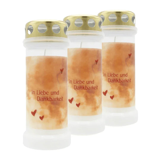 BOLSIUS-Motivkerze "In Liebe und Dankbarkeit", 67/173 mm, Brenndauer ca. 60h, Lieferumfang 3 Stück