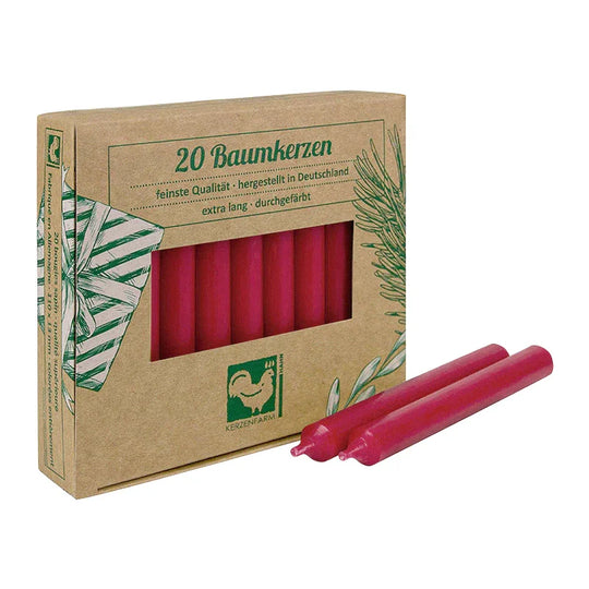 Baumkerzen aus Paraffin, 110/13 mm, Dunkelrot, KERZENFARM HAHN, Brenndauer ca. 2h, 20 Stück pro Verpackung