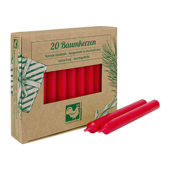 Baumkerzen aus Paraffin, 110/13 mm, Weihnachtsrot, KERZENFARM HAHN, Brenndauer ca. 2h, 20 Stück pro Verpackung