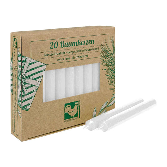 Baumkerzen aus Paraffin, 110/13 mm, Weiß, KERZENFARM HAHN, Brenndauer ca. 2h, 20 Stück pro Verpackung