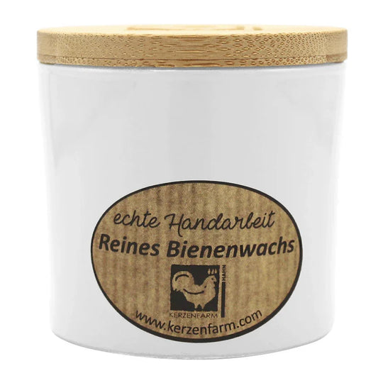 Bienenwachskerze im Glas, Weiß, 100% reines Bienenwachs, KERZENFARM HAHN, 70/70 mm, Brenndauer ca. 17h