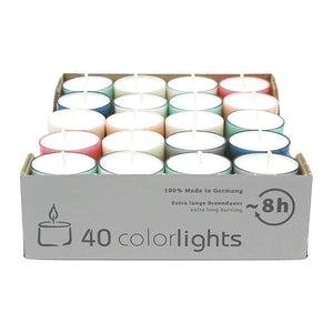 Colorlights Pastell-Edition, WENZEL-Teelichter, Brenndauer ca. 8h, 24/38 mm, 40 Stück