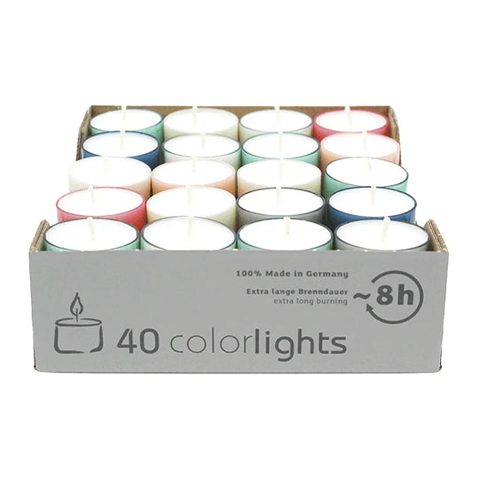 Colorlights Pastell-Edition, WENZEL-Teelichter, Brenndauer ca. 8h, 24/38 mm, 40 Stück