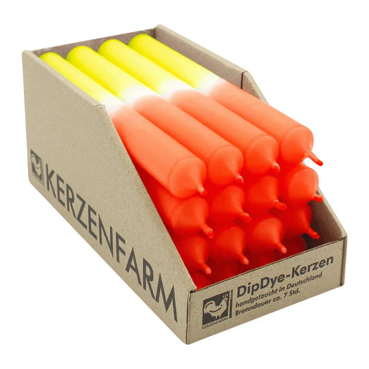 DIP DYE Stabkerzen aus Paraffin, 180/22 mm, Neongelb-Orange, KERZENFARM HAHN, Brenndauer ca. 7h, 16 Stück pro Verpackung