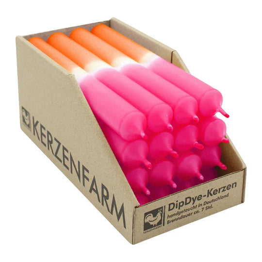 DIP DYE Stabkerzen aus Paraffin, 180/22 mm, Neonorange-Pink, KERZENFARM HAHN, Brenndauer ca. 7h, 16 Stück pro Verpackung
