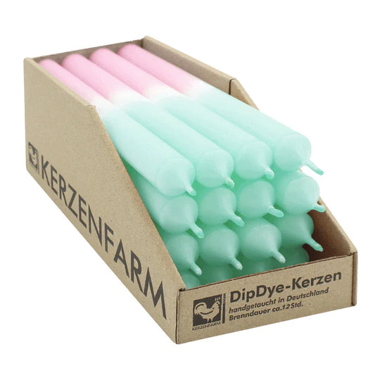 DIP DYE Stabkerzen aus Paraffin, 250/22 mm, Mint-Pastellaltrosa, KERZENFARM HAHN, Brenndauer ca. 12h, 16 Stück pro Verpackung