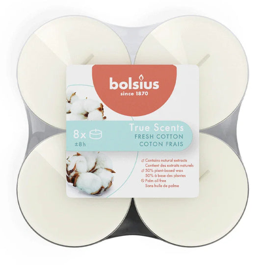 Duft-Maxilichter, Fresh Cotton, True Scents, BOLSIUS, Ø60 mm, Brenndauer ca. 8h, 8 Stück pro Verpackung