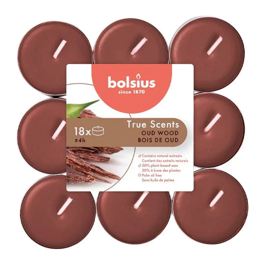 Duft-Teelichter, Oud Wood, True Scents, BOLSIUS, Ø38 mm, Brenndauer ca. 4h, 18 Stück pro Verpackung