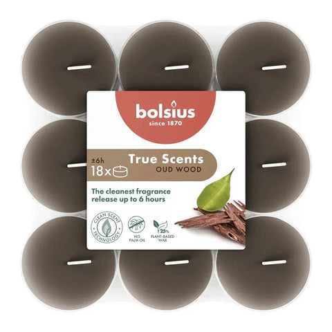 Duft-Teelichter Oud Wood, Ø39 mm, BOLSIUS, 6h, 18 St. –