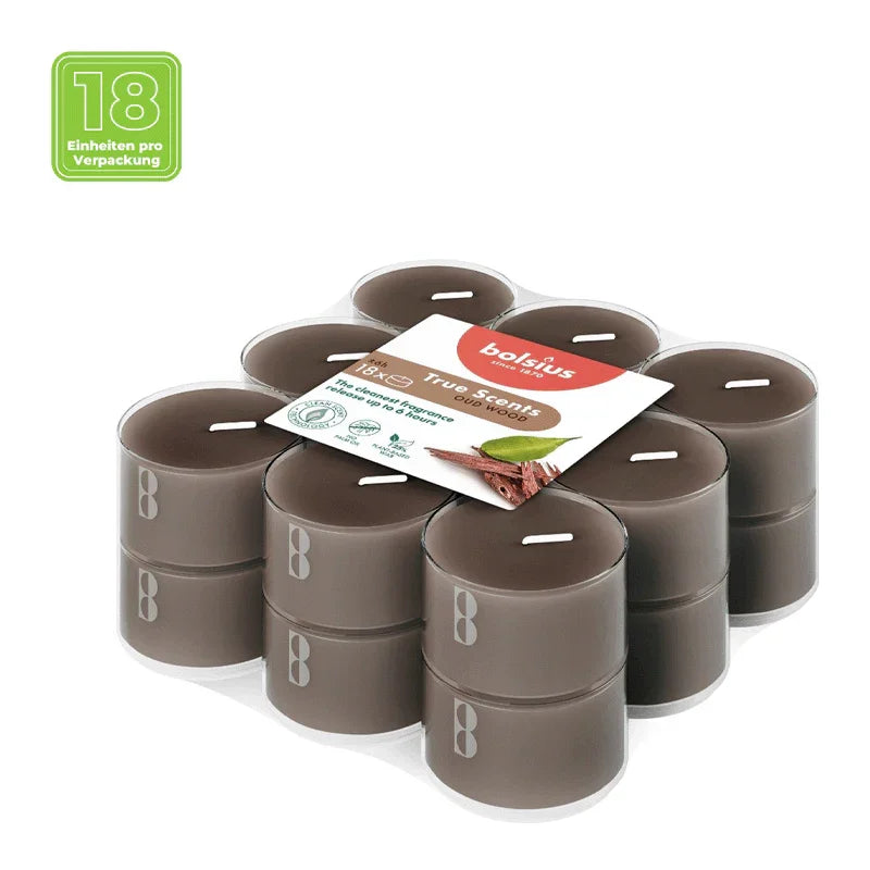 Duft-Teelichter Oud Wood, Ø39 mm, BOLSIUS, 6h, 18 St. –