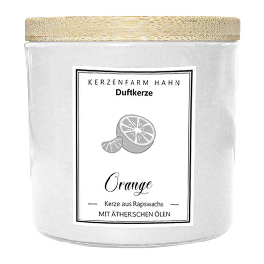 Duftkerze im Glas, Orange, 100% pflanzliches Rapswachs, KERZENFARM HAHN, mit reinen ätherischen Ölen, Brenndauer ca. 17h