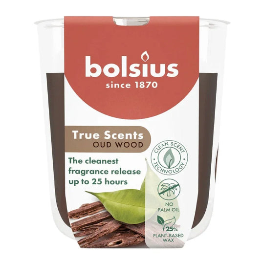 Duftkerze im Glas, Oud Wood, True Scents, BOLSIUS, 80/73 mm, Brenndauer ca. 25h