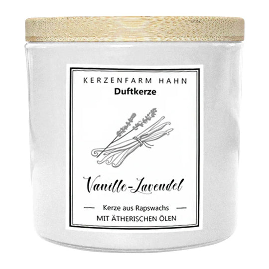 Duftkerze im Glas, Vanille-Lavendel, 100% pflanzliches Rapswachs, KERZENFARM HAHN, mit reinen ätherischen Ölen, Brenndauer ca. 17h
