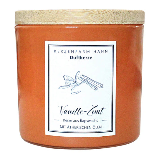 Duftkerze im Glas, Vanille-Zimt, 100% pflanzliches Rapswachs, KERZENFARM HAHN, mit reinen ätherischen Ölen, Brenndauer ca. 17h