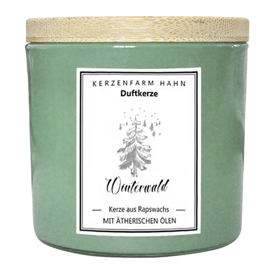 Duftkerze im Glas, Winterwald, 100% pflanzliches Rapswachs, KERZENFARM HAHN, mit reinen ätherischen Ölen, Brenndauer ca. 17h