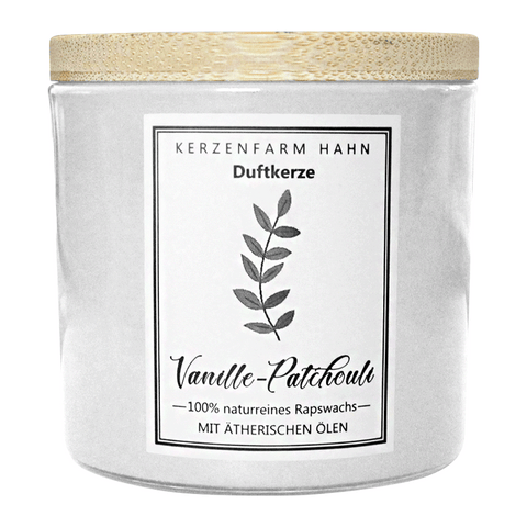 Duftkerze im Glas, Vanille-Patchouli, 100% pflanzliches Rapswachs, KERZENFARM HAHN, mit reinen ätherischen Ölen, Brenndauer ca. 17h