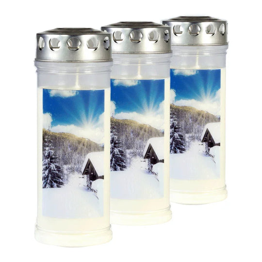 JEKA-Motivkerze "Berg/Hütte", 100% Pflanzenöl, 75/215 mm, Brenndauer bis zu 7 Tage, Lieferumfang 3 Stück, Grabkerzen