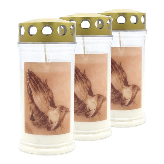 JEKA-Motivkerze "Betende Hände", 100% Pflanzenöl, 75/170 mm, Brenndauer bis zu 4 Tage, Lieferumfang 3 Stück, Grabkerzen