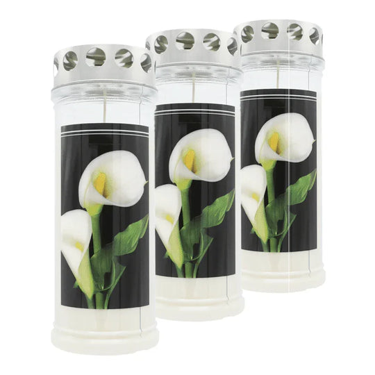 JEKA-Motivkerze "Calla", 100% Pflanzenöl, 75/215 mm, Brenndauer bis zu 7 Tage, Lieferumfang 3 Stück, Grabkerzen