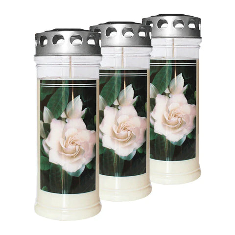 JEKA-Motivkerze "Gardenia", 100% Pflanzenöl, 75/215 mm, Brenndauer bis zu 7 Tage, Lieferumfang 3 Stück, Grabkerzen