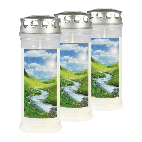 JEKA-Motivkerze "Gebirgsbach", 100% Pflanzenöl, 75/215 mm, Brenndauer bis zu 7 Tage, Lieferumfang 3 Stück, Grabkerzen