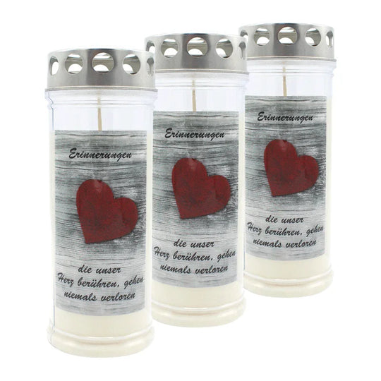 JEKA-Motivkerze "Herz", 100% Pflanzenöl, 75/215 mm, Brenndauer bis zu 7 Tage, Lieferumfang 3 Stück, Grabkerzen