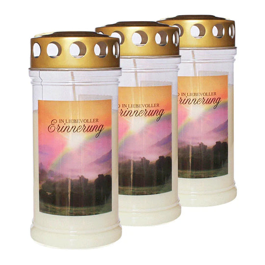 JEKA-Motivkerze "In liebevoller Erinnerung", 100% Pflanzenöl, 75/170 mm, Brenndauer bis zu 4 Tage, Lieferumfang 3 Stück, Grabkerzen