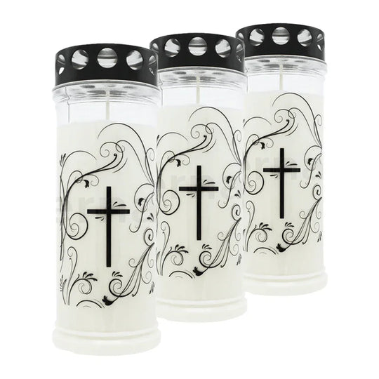 JEKA-Motivkerze "Kreuz-Ornament", 100% Pflanzenöl, 75/215 mm, Brenndauer bis zu 7 Tage, Lieferumfang 3 Stück, Grabkerzen