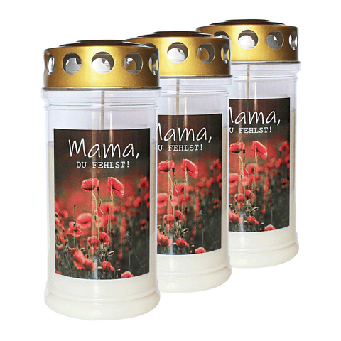 JEKA-Motivkerze "Mama", 100% Pflanzenöl, 75/170 mm, Brenndauer bis zu 4 Tage, Lieferumfang 3 Stück, Grabkerzen