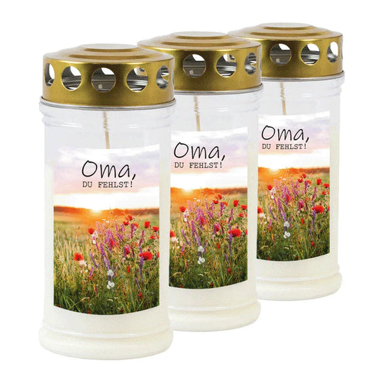 JEKA-Motivkerze "Oma", 100% Pflanzenöl, 75/170 mm, Brenndauer bis zu 4 Tage, Lieferumfang 3 Stück, Grabkerzen