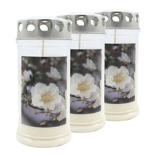JEKA-Motivkerze "Pfirsichblüte", 100% Pflanzenöl, 75/170 mm, Brenndauer bis zu 4 Tage, Lieferumfang 3 Stück, Grabkerzen