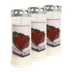 JEKA-Motivkerze "Rose/Buch", 100% Pflanzenöl, 75/215 mm, Brenndauer bis zu 7 Tage, Lieferumfang 3 Stück, Grabkerzen