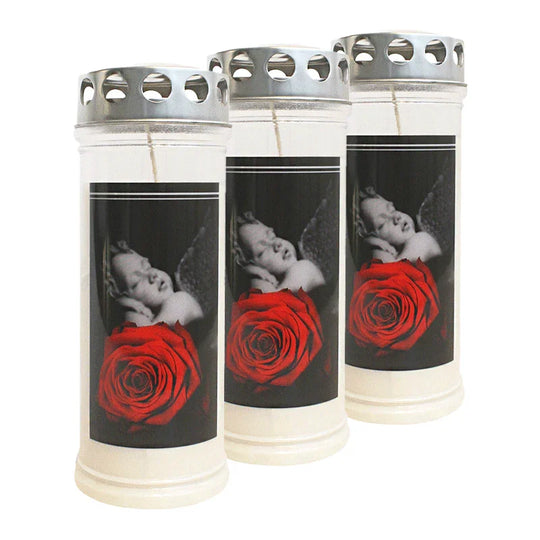 JEKA-Motivkerze "Rose/Engel", 100% Pflanzenöl, 75/215 mm, Brenndauer bis zu 7 Tage, Lieferumfang 3 Stück, Grabkerzen