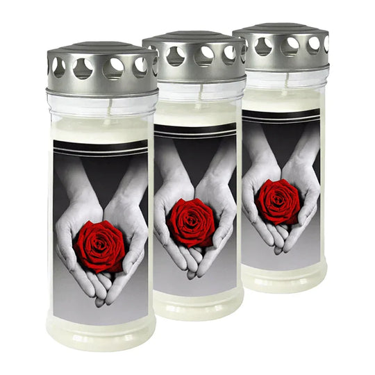 JEKA-Motivkerze "Rose/Hand", 100% Pflanzenöl, 75/215 mm, Brenndauer bis zu 7 Tage, Lieferumfang 3 Stück, Grabkerzen
