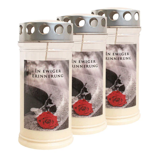 JEKA-Motivkerze "Rose auf Stein, In ewiger Erinnerung", 100% Pflanzenöl, 75/170 mm, Brenndauer bis zu 4 Tage, Lieferumfang 3 Stück, Grabkerzen