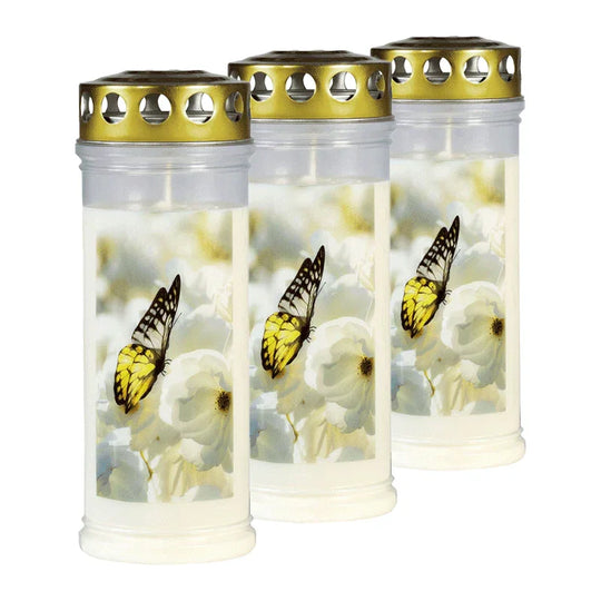 JEKA-Motivkerze "Schmetterling", 100% Pflanzenöl, 75/215 mm, Brenndauer bis zu 7 Tage, Lieferumfang 3 Stück, Grabkerzen