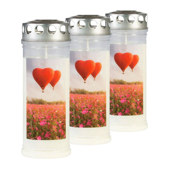 JEKA-Motivkerze "Wiese/Ballon", 100% Pflanzenöl, 75/215 mm, Brenndauer bis zu 7 Tage, Lieferumfang 3 Stück, Grabkerzen