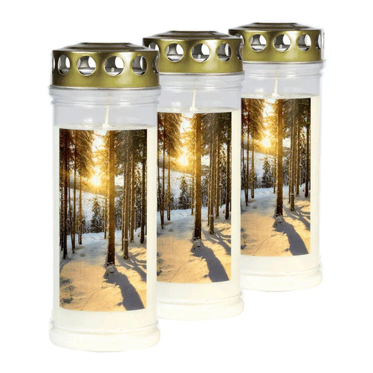 JEKA-Motivkerze "Winterwald", 100% Pflanzenöl, 75/215 mm, Brenndauer bis zu 7 Tage, Lieferumfang 3 Stück, Grabkerzen